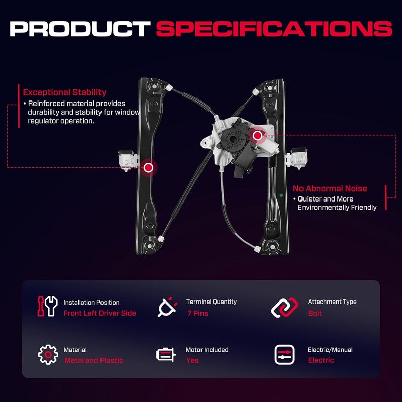 XIMAKA Front Driver Side Power Window Regulator (7 Pins) Fit for 2011-2015 Chevrolet Chevy Cruze, 2016 Chevy Cruze Limited, with Auto Up and Down, with Motor, 748-974, Front Left, 94532757 - Image 3